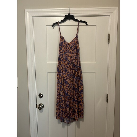 Universal Thread Floral Women’s Large Cotton Tie Back Sun Dress Coral Blue Midi - Picture 1 of 8